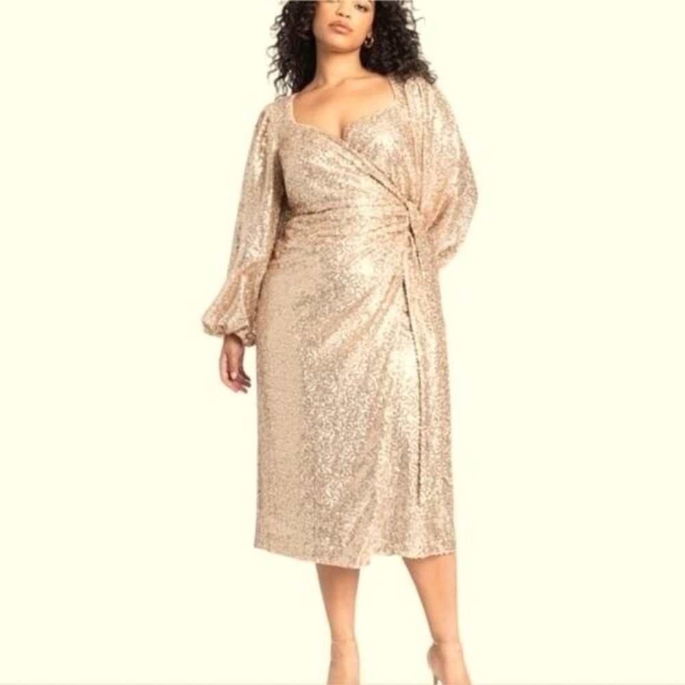 Eloquii Gold Sequin Wrap Midi Dress Sweetheart Neckline Long Balloon Sleeve Glam